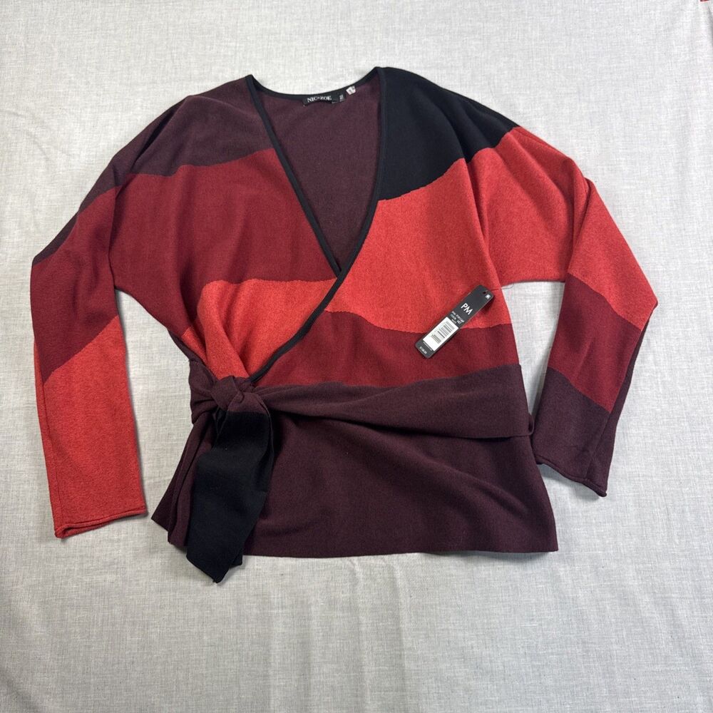 NIC + ZOE NWT New Wave Wrap Side Tie Top Multi Red Colorblock Knit Sweater PM
